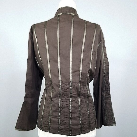 W Work Weekend M Mandarin Collar Embellished Shirt Ruched Panels Ribbon Trim Brn - Picture 5 of 8